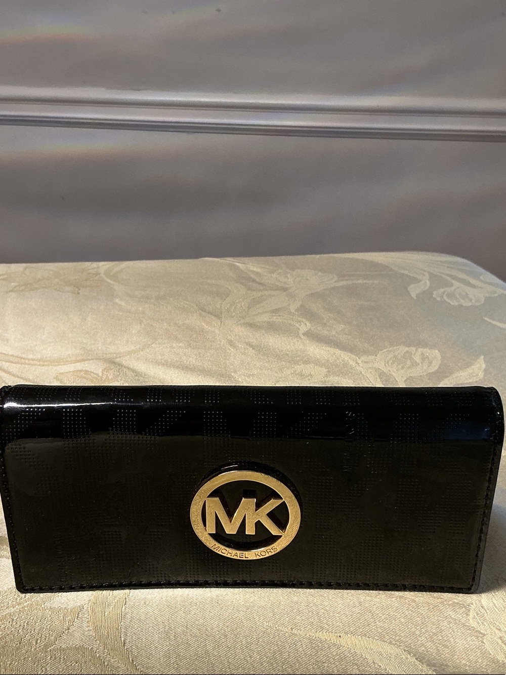 Michael Kors Black Patent Wallet with Gold MK Emblem
